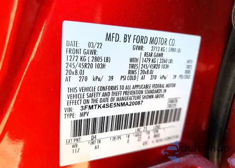 2022 Ford Mustang Mach-E Gt z USA, uszkodzony, nr VIN 3FMTK4SE5NMA20087